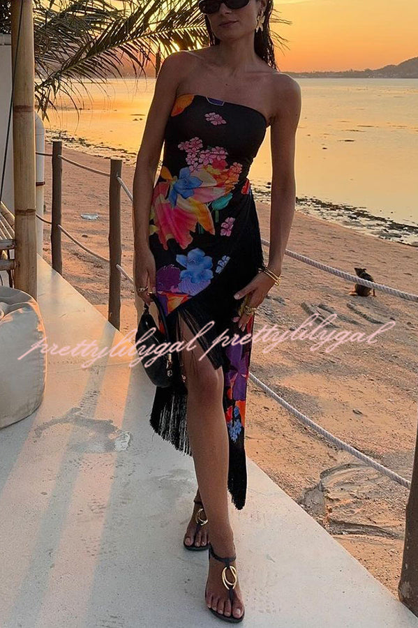 Island Girl Era Floral Print Tassel Trim Bandeau Stretch Midi Dress