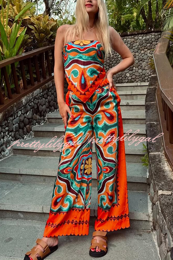 Ethnic Style Unique Print Tube Top and Elastic Waist Casual Pocket Wide Leg Pants Set