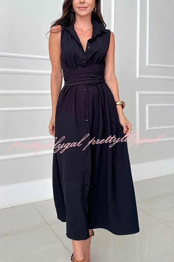 Solid Color Lapel Sleeveless Waisted Single-breasted Casual Midi Dress