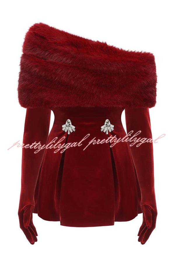 Stylish Velvet Off-shoulder Fitted Mini Dress and Fluffy Shawl, Velvet Gloves Three-piece Set