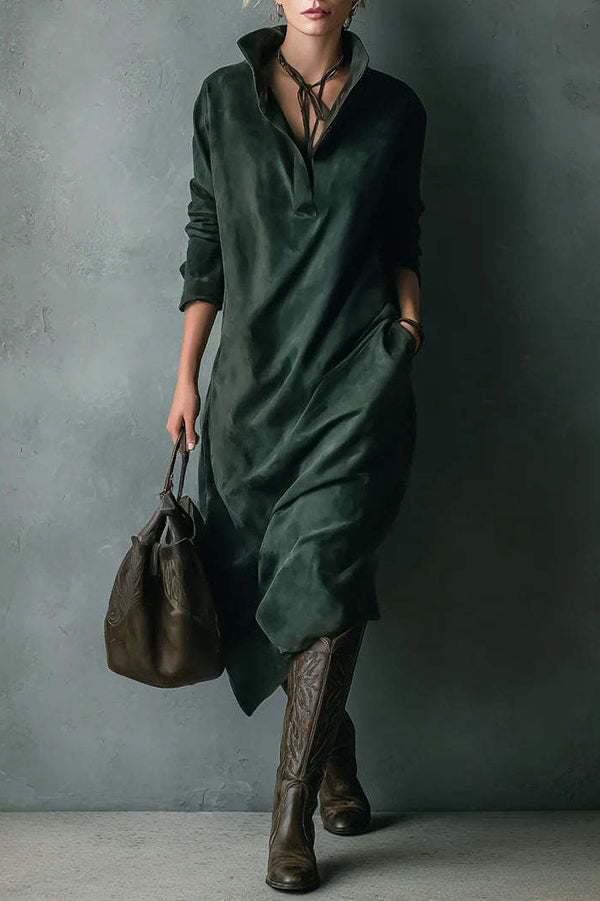 Solid Color Loose Suede Long-sleeved Casual Midi Dress