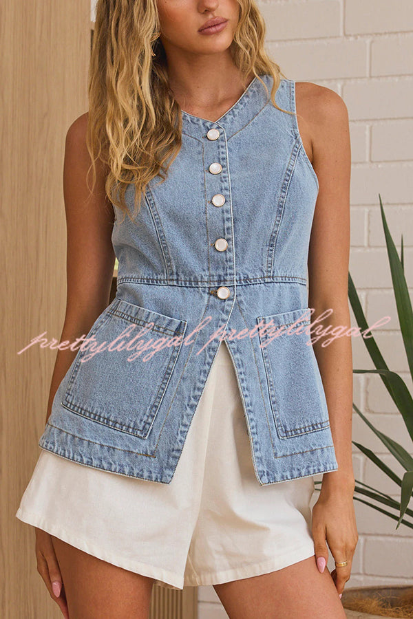 Fashionable Casual Slim Fit Button Pocket Denim Vest