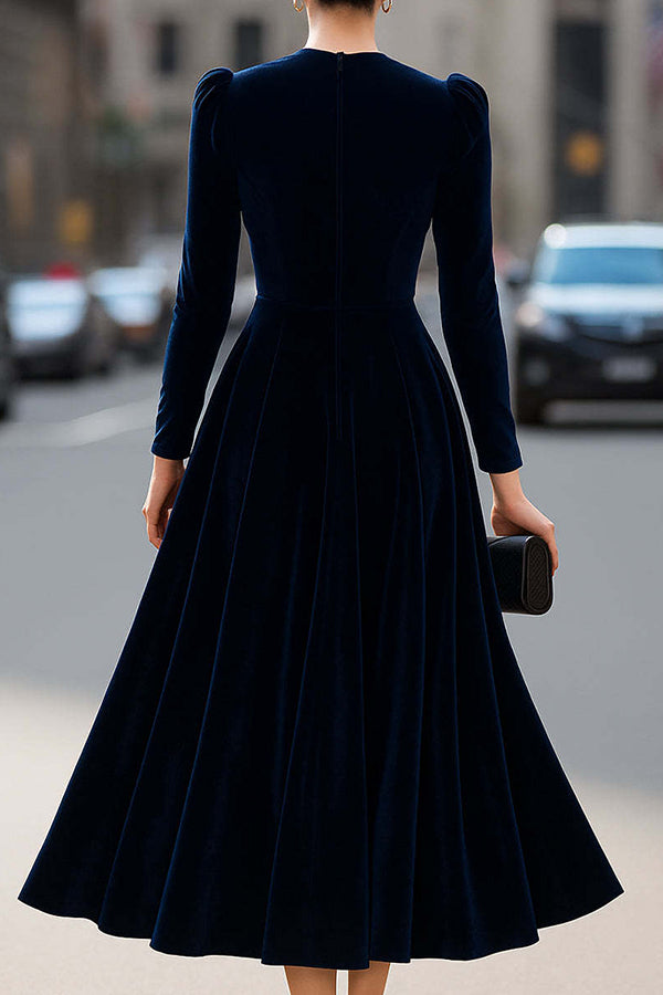 Solid Color Velvet Round Neck Long Sleeve High Waist Maxi Dress