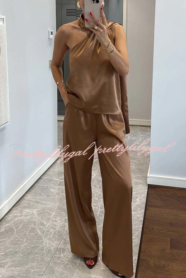 Kelson Satin Drape Neck One Shoulder Top and Elastic Waist Pocket Loose Pants Set
