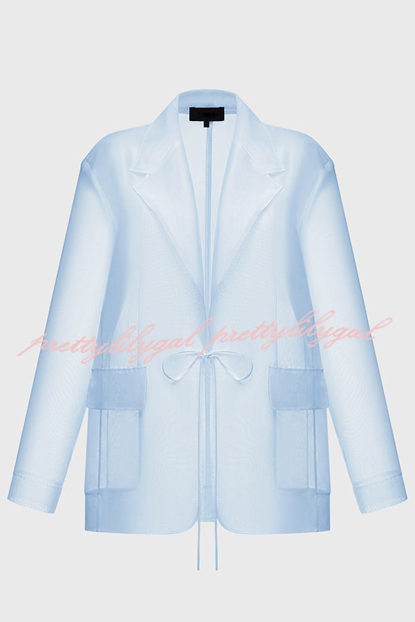 Simple and Light See-through Fabric Tie-up Long Sleeve Pocket Lapel Blazer