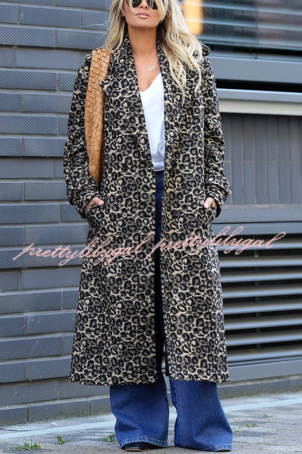 Leopard Affair Animal Print Epaulettes Long Sleeve Pocketed Lapel Midi Trench Coat