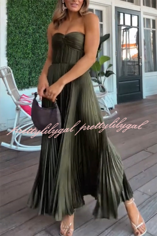 Love Note Satin Sweetheart Twist Off Shoulder Pleated Maxi Dress
