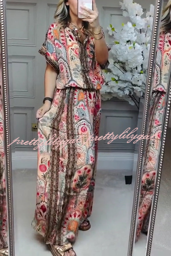 Unique Printed Loose Short-sleeved Top and Elastic Waist Casual Wide-leg Pants Set