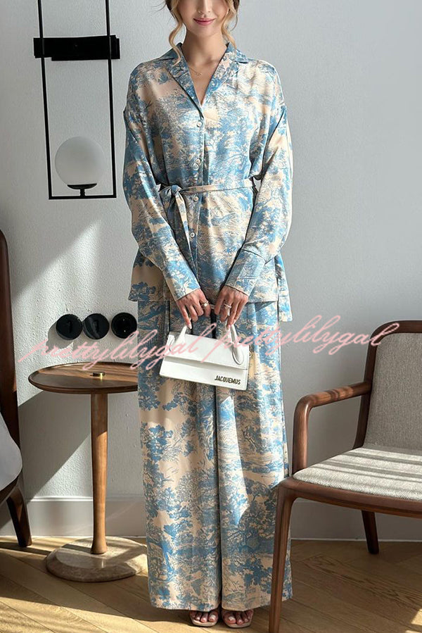 Unique Print Long-sleeved Tie Shirt and Elastic High-waist Wide-leg Pants Set