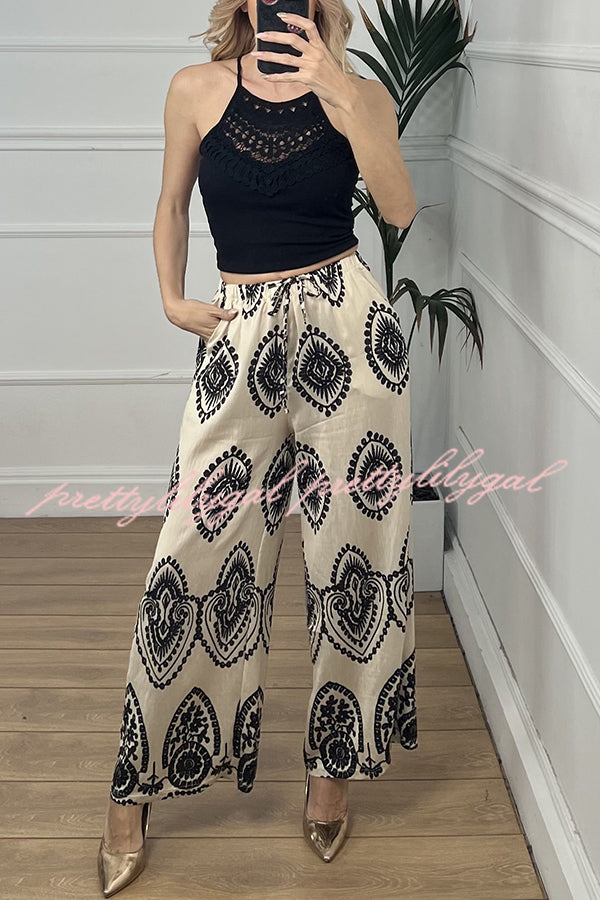 Unique Print Elastic Waist Casual Pocket Wide Leg Pants