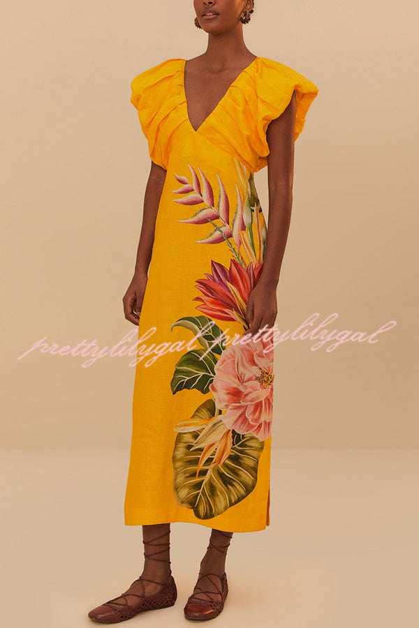 Plant Print V-neck Open Back Holiday Style Slit Midi Dress