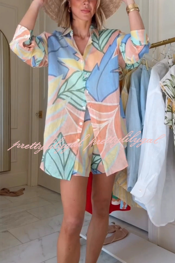 Bella Linen Blend Colorful Unique Print Long Sleeve Blouse and Elastic Waist Pocket Loose Shorts Set