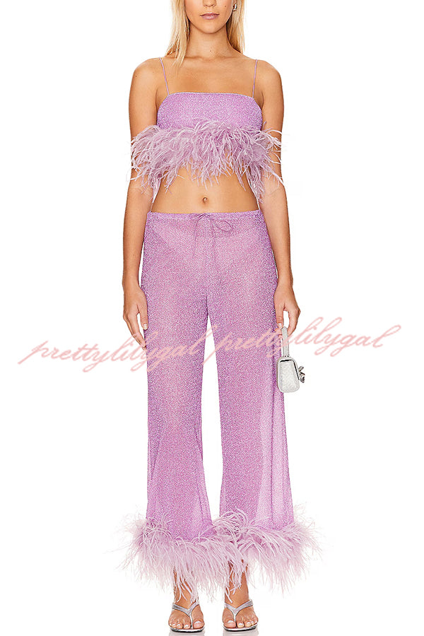 Music Carnival Glitter Stretch Fabric Feather Trim Tank and Elastic Waisted Flared Pants Set