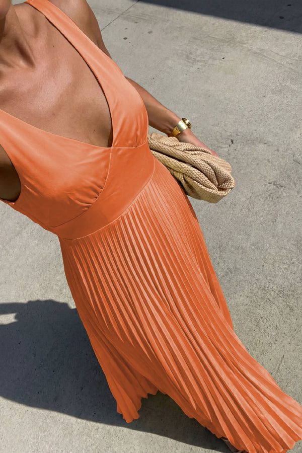 v neck cut out waist sleeveless pleated maxi dress Sleeveless V-Neck Pleated Maxi Dress