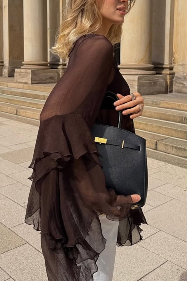 Solid Color Chiffon Elegant Bell Sleeve Loose Cover-up Top