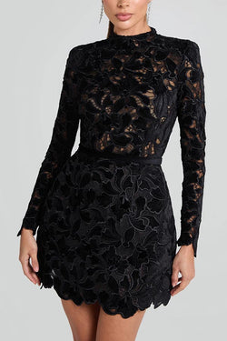 Lydia Embroidered Floral Lace Long Sleeve Belt Tulip Shaped Mini Dress Lydia Embroidered Floral Lace Long Sleeve Belt Tulip Shaped Mini Dress