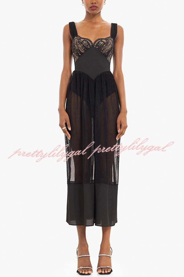 Romantic and Modern Lace Tulle Patchwork Waisted Midi Dress