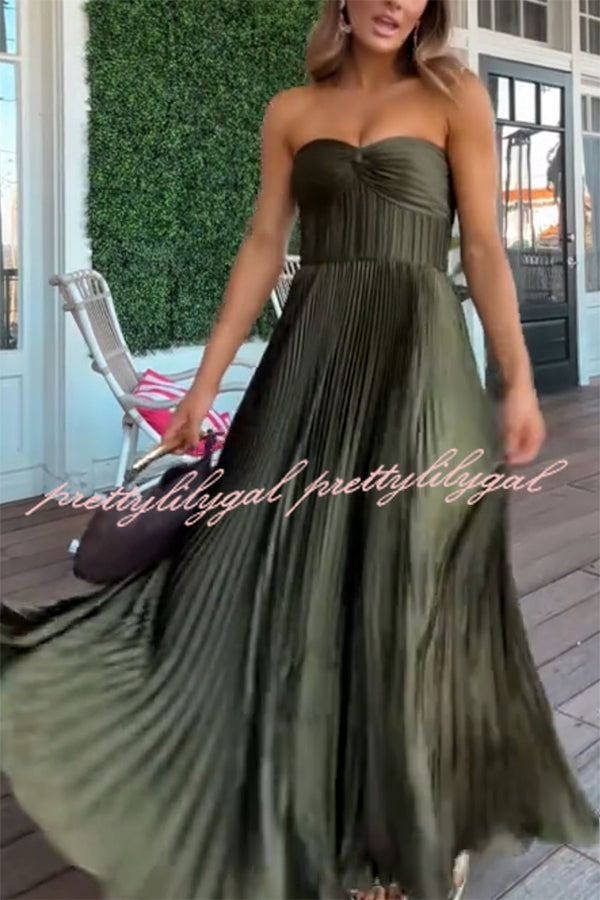 Love Note Satin Sweetheart Twist Off Shoulder Pleated Maxi Dress