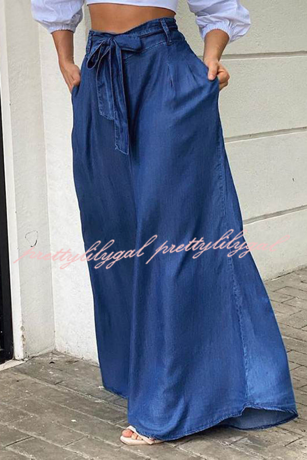 Tie Waist Pleated Side Pocket Wide Leg Jeans