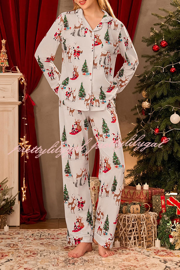 Christmas Holiday Print Long Sleeve Pocket Top and Elastic Waist Loose Pants Set