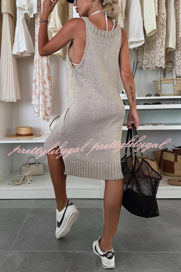 Solid Color V-Neck Sleeveless Casual Pocket Knitted Midi Dress