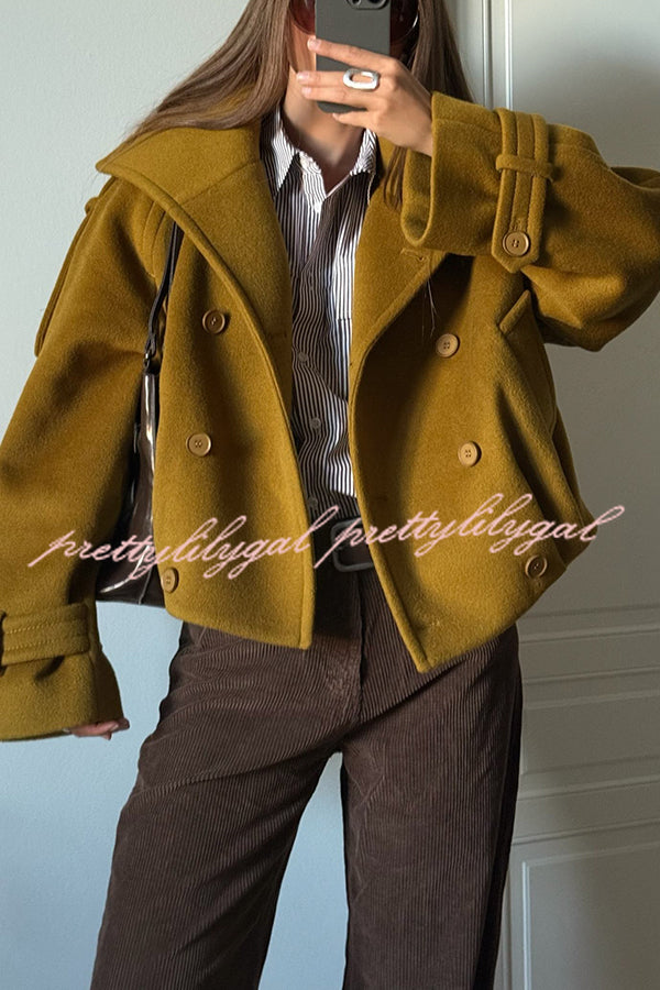 Ellie Epaulettes Stand Neck Double-Breasted Pocket Cropped Loose Woolen Coat