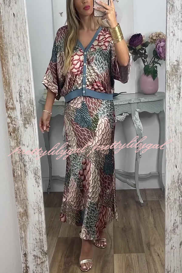 Harlen Satin Unique Printed Loose Shirt Top and Elastic Waist Maxi Skirt Set