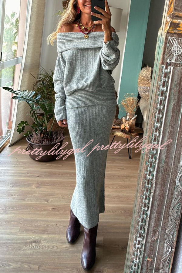 Luka Ribbed Knit Off Shoulder Long Sleeve Sweater and Stretch Maxi Skirt Set