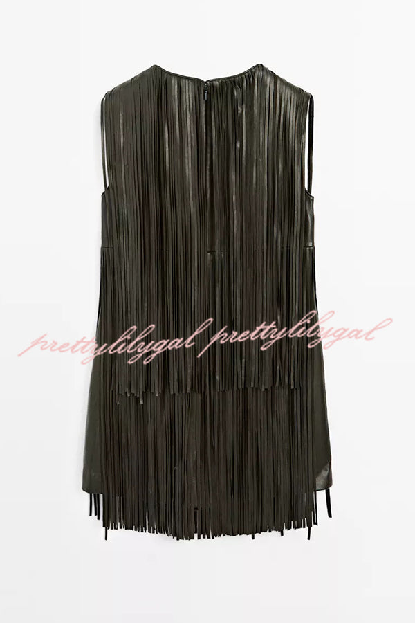 Modern Times Faux Leather Layered Tassel Design Sleeveless H-line Mini Dress