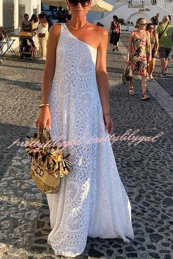 Pure Soul Unique Lace Pattern One Shoulder Slit Vacation Maxi Dress