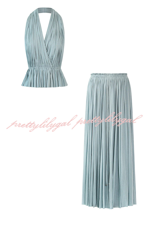 Pure Lightness Chiffon Pleated Halter Backless Top and Elastic Waist A-line Maxi Skirt Set