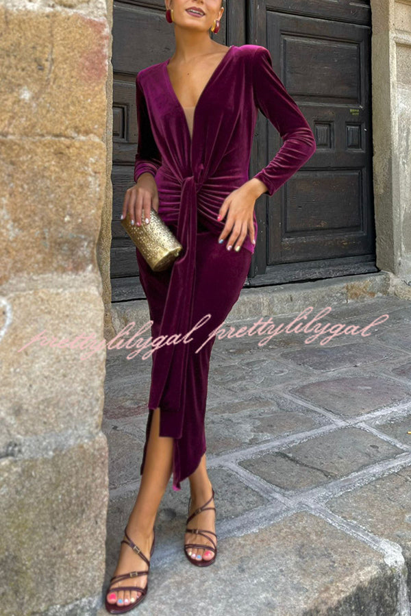 Elisabeth Luxurious Velvet Padded Shoulders Long Sleeve Twist Waist Drape Midi Dress