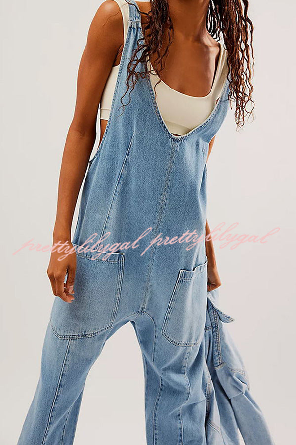 Pocket V Neck Suspender Denim Jumpsuit