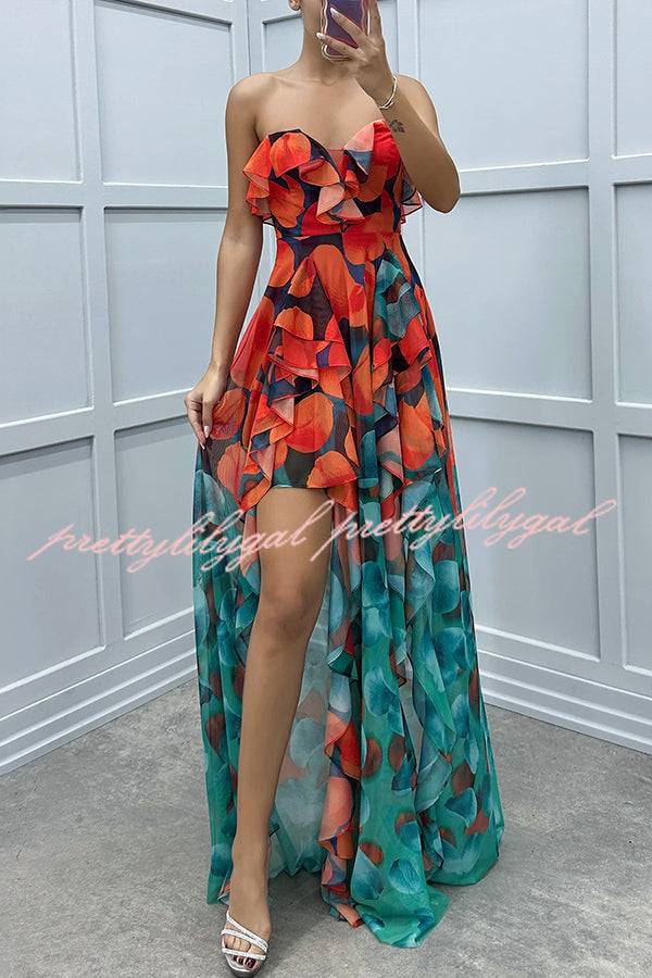 Loving Moment Gradient Unique Print Flowing Layered Ruffles Strapless Slit Maxi Dress