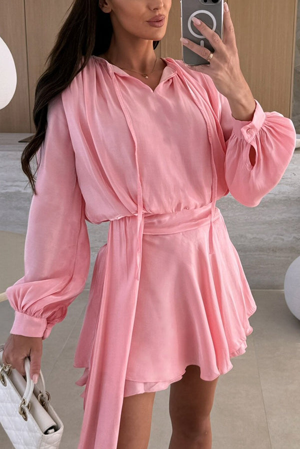 Solid Color V-neck Tie Long Sleeve Waist Mini Dress