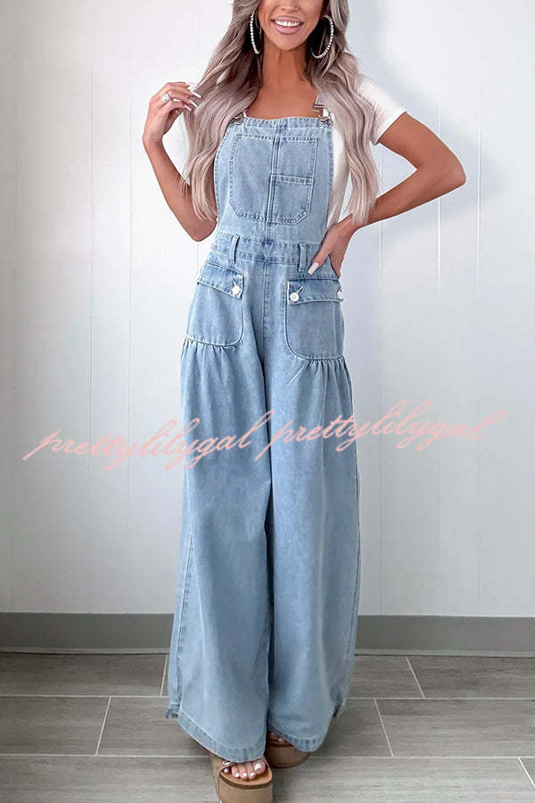 Fashion Casual Pocket Loose Wide-leg Adjustable Leg Cuffs Denim Overalls