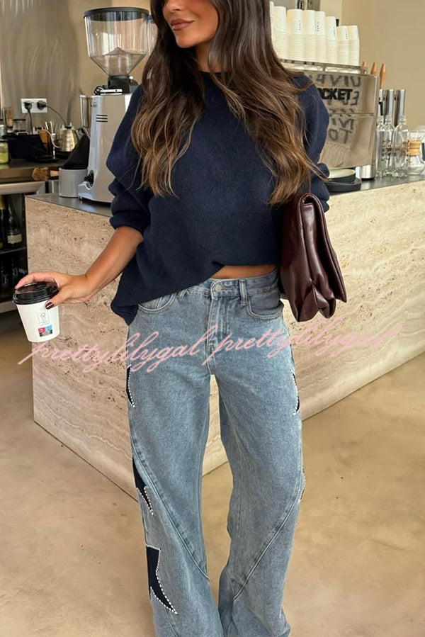 Jessy Denim Mid Rise Side Star Pattern Pocket Wide Leg Jeans