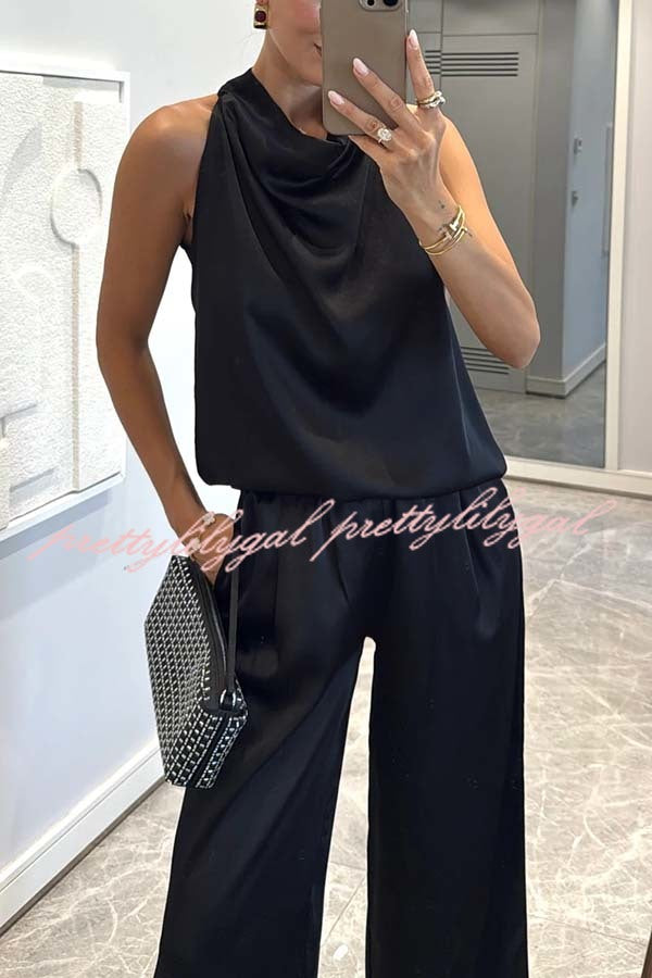 Classic on You Satin High Cowl Neck Top and Elastic Waist Pocket Loose Pants Set