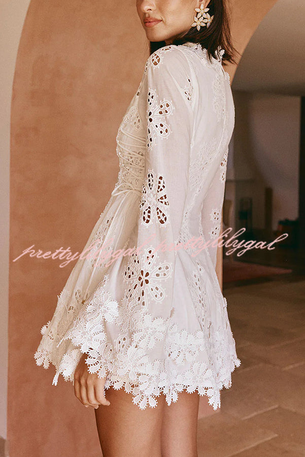 Diaz Embroidery Hollow Fabric Delicate Flower Trim Long Sleeve Side Lace-up Mini Dress