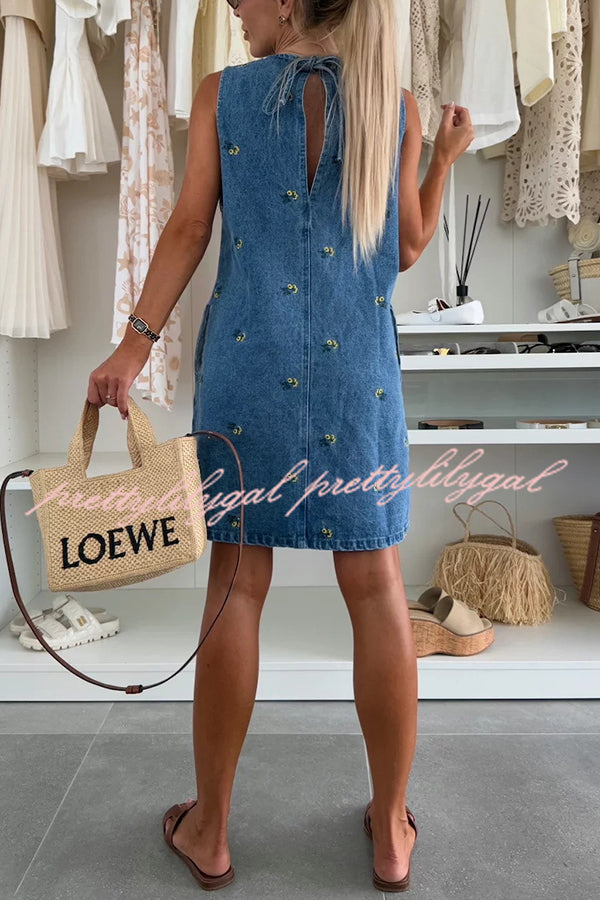 Floral Print Round Neck Sleeveless Loose Denim Mini Dress
