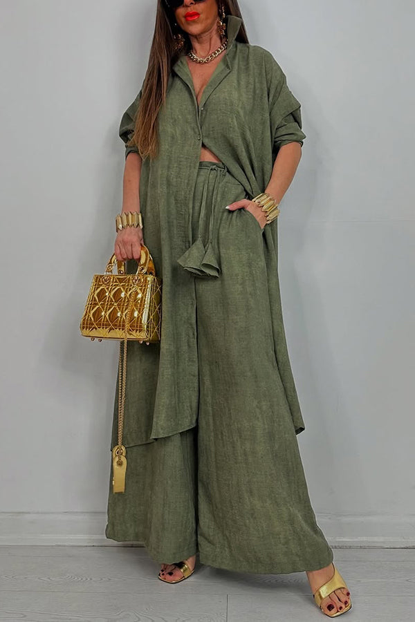 Solid Color Casual Loose Long Shirt and Elastic Waist Pocket Wide Leg Pants Set