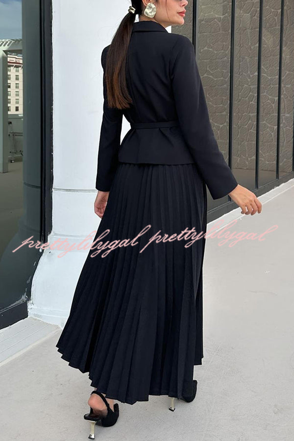Solid Color Lapel Button Belt Blazer and Pleated Casual Maxi Skirt Set