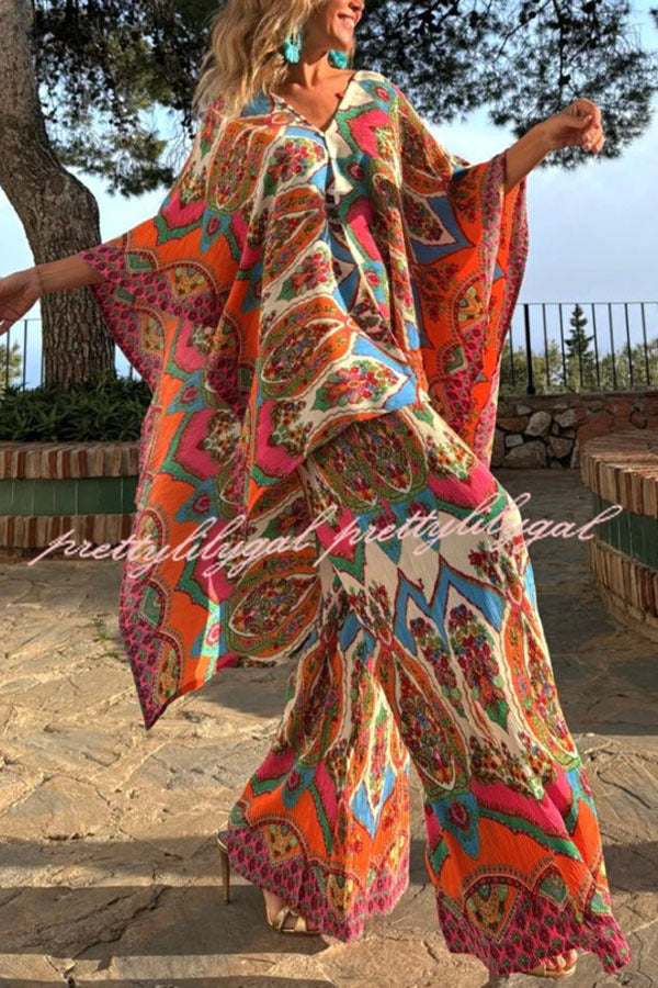 Colorful Day Unique Print Loose Cape and Elastic Waist Pocketed Pants Set