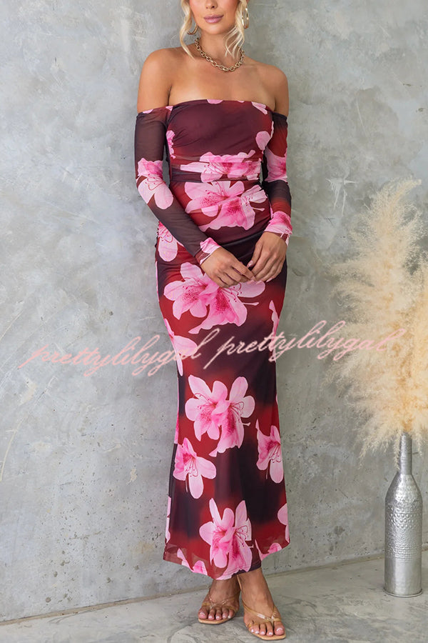 Floral Fantasy Mesh Off Shoulder Long Sleeve Stretch Maxi Dress