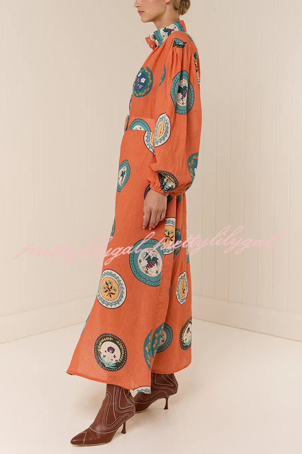 Linen Blend Unique Print Belted Single-breasted Casual Maxi Dress