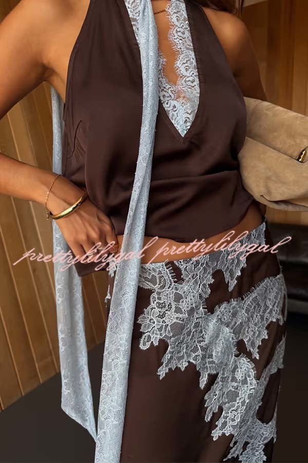 Sunday Social Contrast Color Satin Lace Trim Mid Rise Maxi Skirt