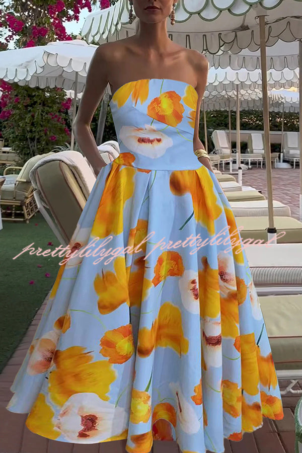 Floral Print Off Shoulder Backless Elegant Midi Dress
