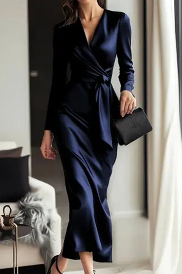 knee length dresses for ladies Solid Color Elegant Round Neck Half Sleeve Beaded Decorated Slim Fit –  roschic main image 0