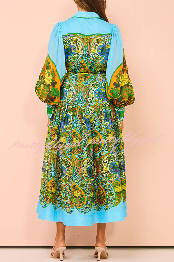 Feeling Butterflies Multi Unique Print Balloon Sleeve Belt Shirt Midi Dress