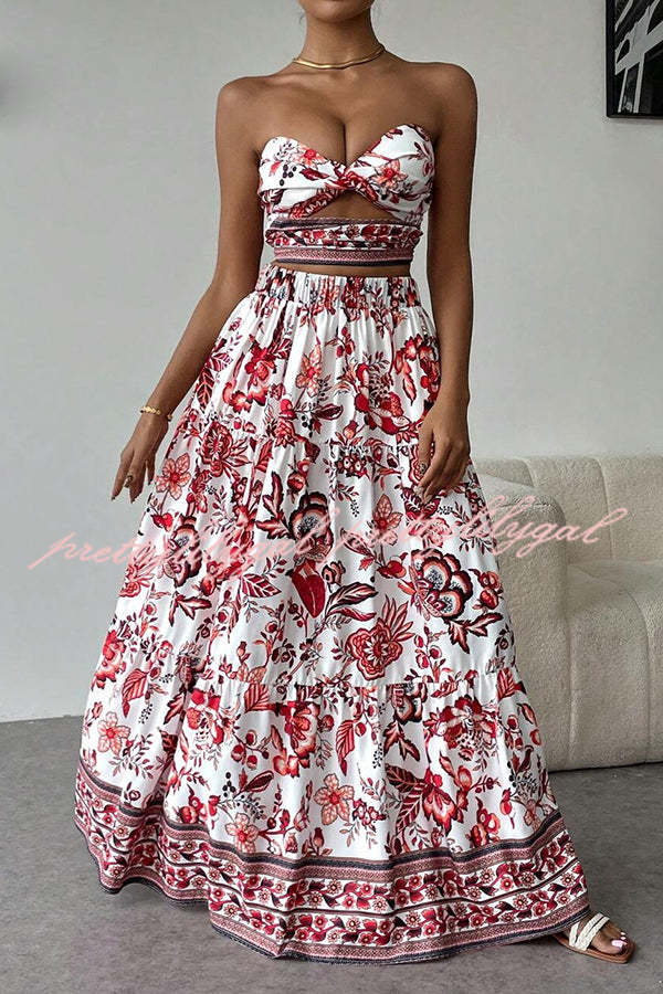 Floral Print Cutout Bandeau Top and Elastic Waist Full Maxi Skirt Set